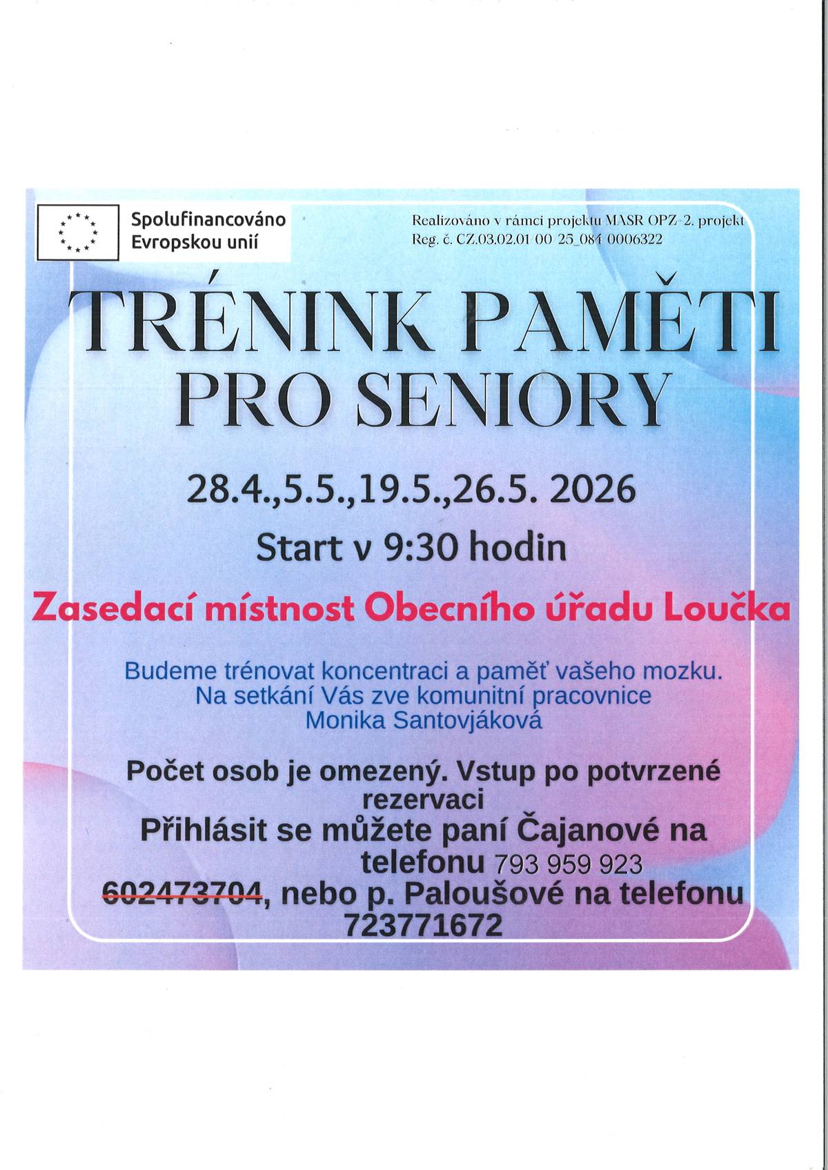 Trénink paměti pro seniory - 28.4.,5.5.,19.5,26.5.2026 v zasedací místnosti OÚ v Loučce os 9:30 hodin.