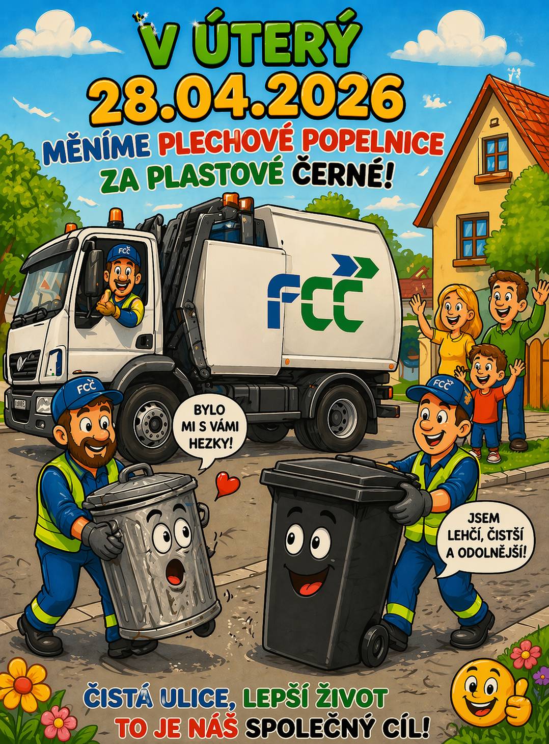 Tak i u nás to začalo....měníme veškeré plechové popelnice s logem FCC za plastové, které vyváží u Vašich nemovitostí přímo FCC. Zároveň žádáme všechny, aby po pondělním svozu do nádob nevhazovali odpad až do jejich úterní (28.04.026) výměny.   Děkujeme za pochopení i za spolupráci.   Ostatní veškeré informace budou předány na plánované besedě s občany a majiteli objektů dne 15.05.2026.