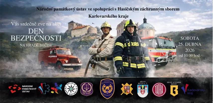 Bohatý program v prostředí národní kulturní památky představí propojení historie a současnosti hasičských záchranných sborů, nabídne dynamické ukázky, informační stánky a mnohé další.  Bečov nad Teplou sobota 25.4.2026 od 10 hodin.