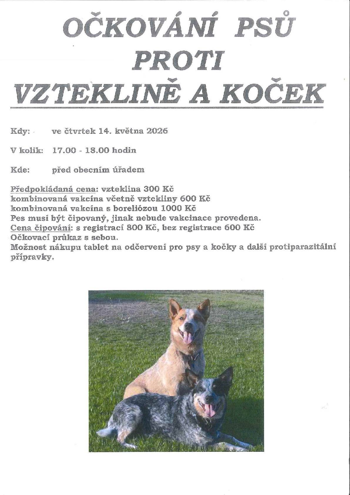 Očkování psů proti vzteklině, koček proběhne ve čtvrtek 14.května 2026 od 17. hodin před obecním úřadem. MVDr. Bořek - ceny obvyklé. S sebou vezměte očkovací průkaz psa. Váš obecní úřad.