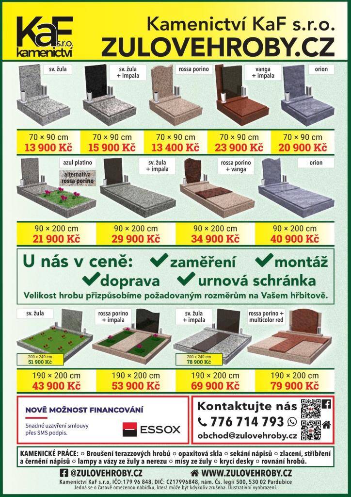 Ve čtvrtek 30. 4. a 7. 5. v 12:30 – 12:50 na hřbitově ve Velké Dobré obchodní zástupce bude přijímat objednávky k opravám hrobů za výhodných podmínek. Více v letáku.