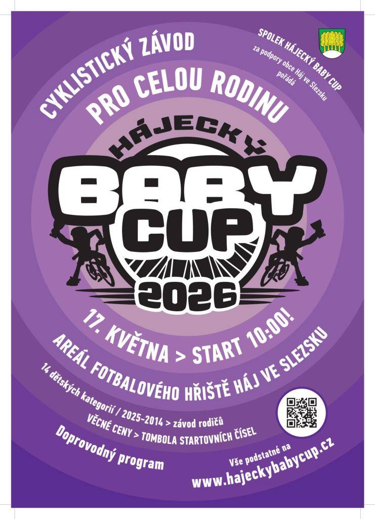 Cyklistický závod pro celou rodinu v Háji. Dne 17.05.2026 od 10:00 hodin. Více na www.hajeckybabycup.cz.
