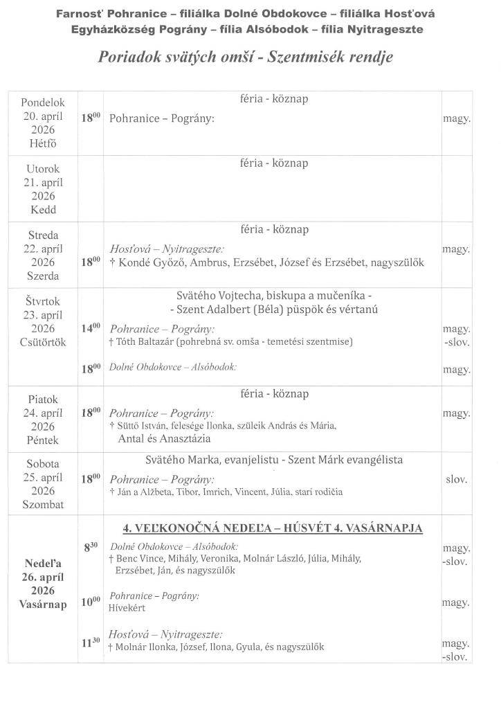 Oznamy fary - Plébániai hirdetések