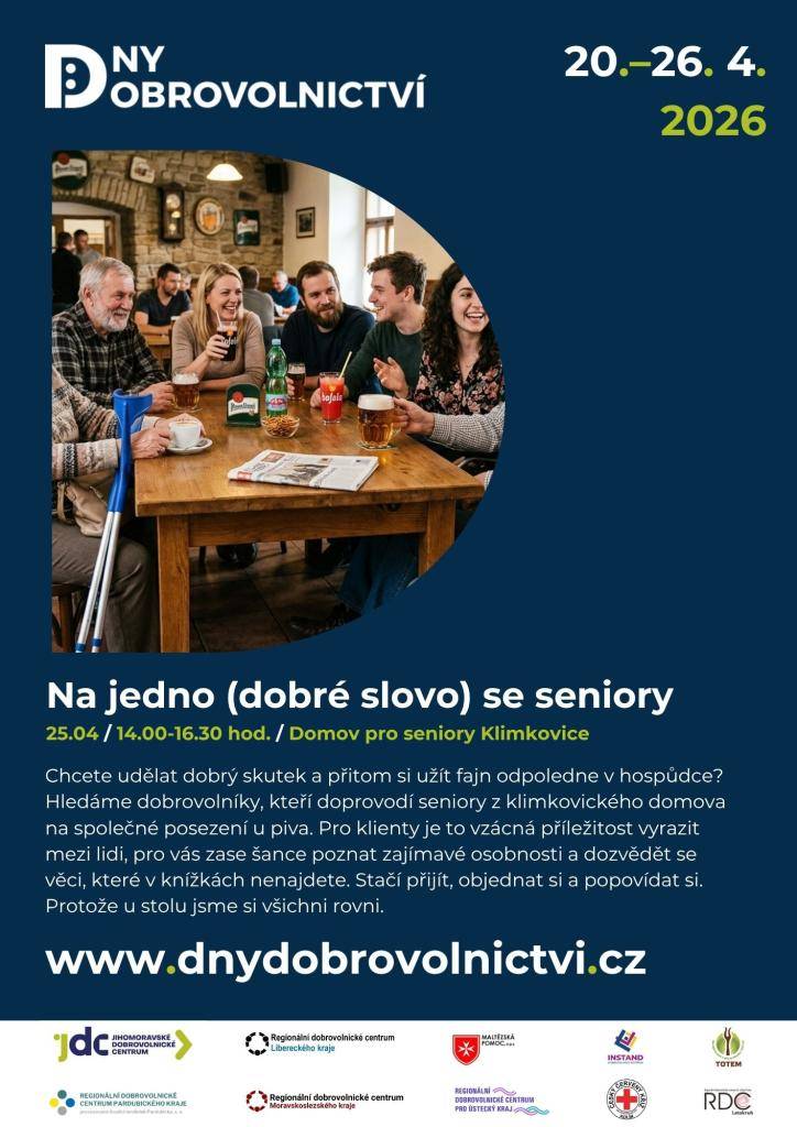 Někdy stačí opravdu málo, aby se začaly dít velké věci. Třeba jeden společný obraz nebo jedno orosené pivo a upřímné povídání. V rámci Dnů dobrovolnictví vás zveme na dvě krásné akce přímo v Klimkovicích, kde si můžete pomoc „na zkoušku“ vyzkoušet i vy.