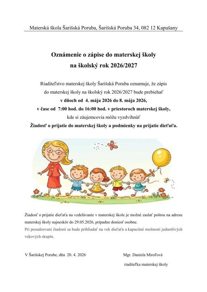 Oznámenie o zápise do materskej školy 2026/2027