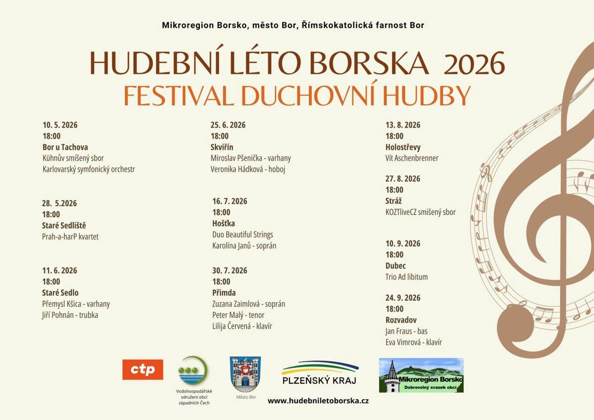 Seznam koncertů festivalu duchovní hudby Hudebního léta Borska 2026.  Zahajovací koncert již 10.5.2026 v Boru.