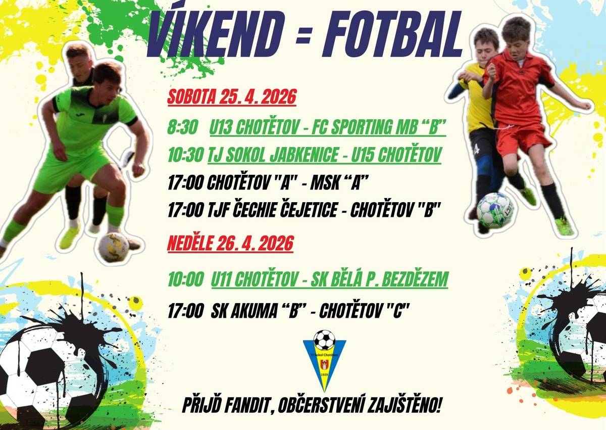 ⚽ Přehled víkendových utkání TJ Sokol Chotětov ⚽.  Všichni jste srdečně zváni 🤗!