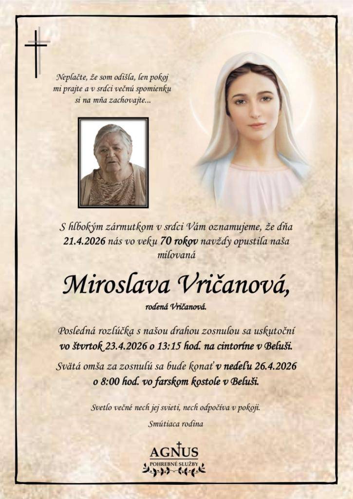 Vričanová Miroslava, rod. Vričanová- apríl 2026