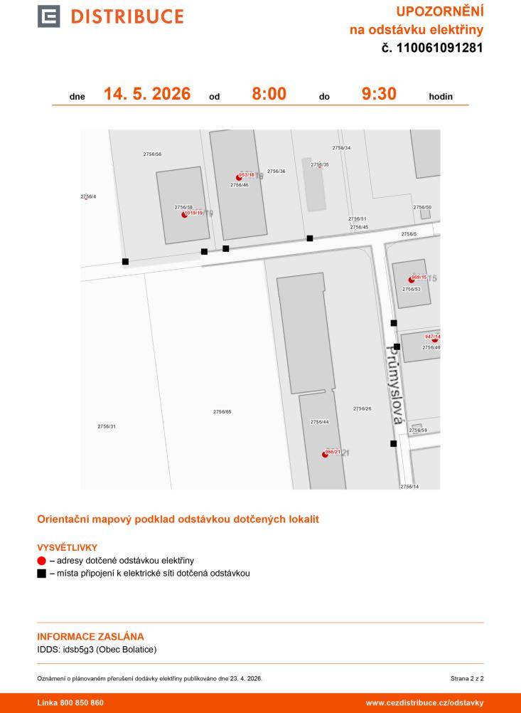 036/2026 - Oznámení o přerušení dodávky elektrické energie - 14.5.2026 Typ: PDF dokument, Velikost: 157.98 kB