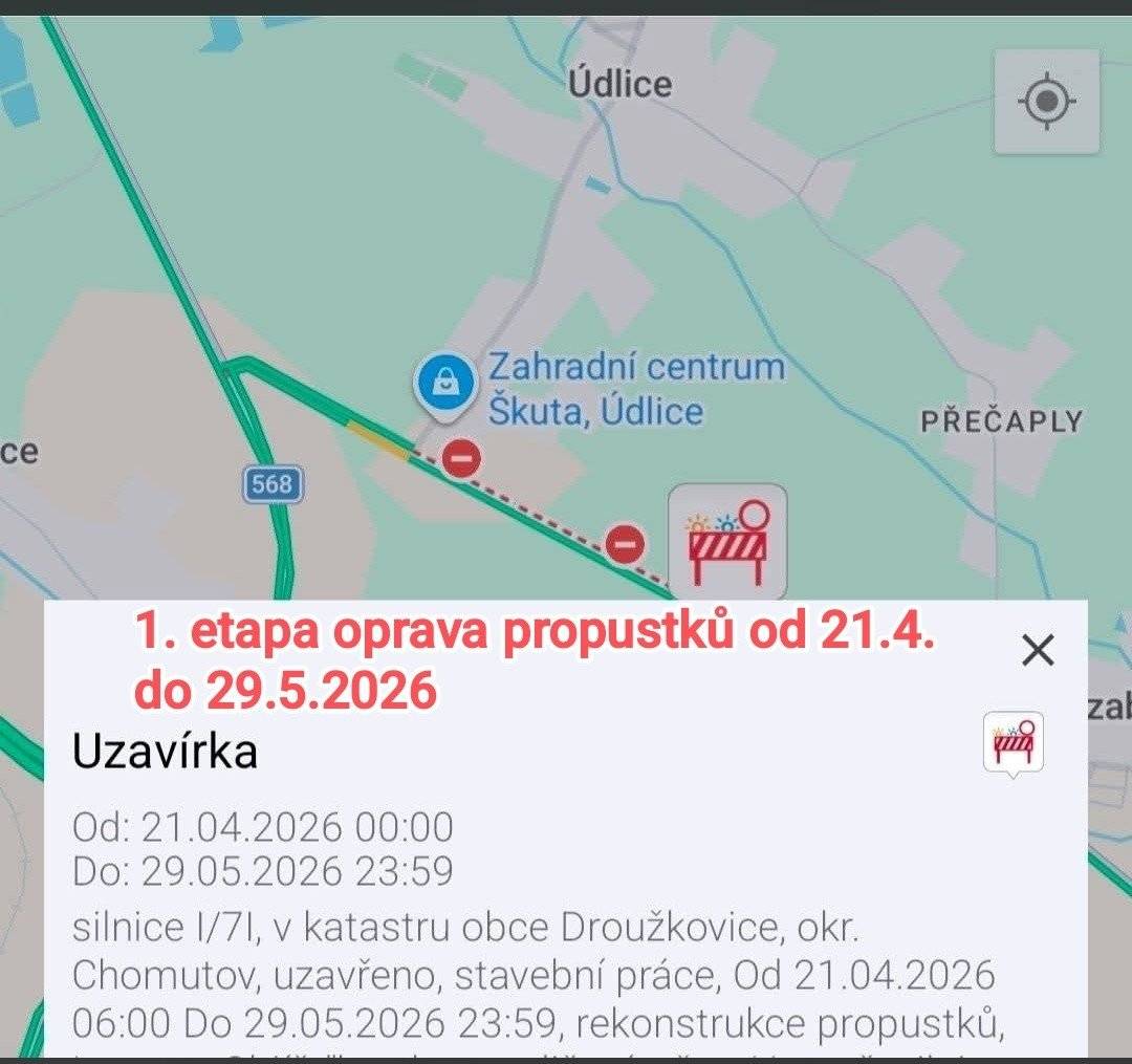 Z důvodu plánované opravy propustků dojde v různých etapách k úplné uzavírce silnice číslo I/7I. V 1. etapě bude uzavřena od 21.4. do 29.5.2026 silnice ve směru od čerpací stanice Ono do Údlic (k zahradnictví Škuta). Objízdná trasa je značena přes Přečaply a Údlice. Počítejte prosím s omezením provozu a možnými komplikacemi.