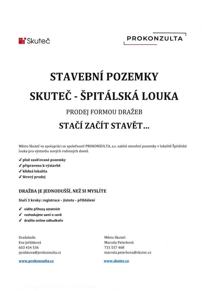 Město Skuteč nabízí stavbu rodinných domů na pozemcích v lokalitě Skuteč - Špitálská louka. Pozemky jsou plně zasíťované a připravené k výstavbě, což zajišťuje pohodlné bydlení v klidném prostředí.