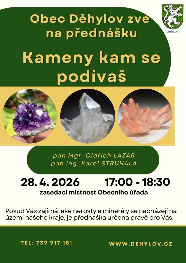 Přednáška - Kameny kde se podíváš. Úterý 28.4.2026 od 17:00 hodin v zasedací místnosti OÚ