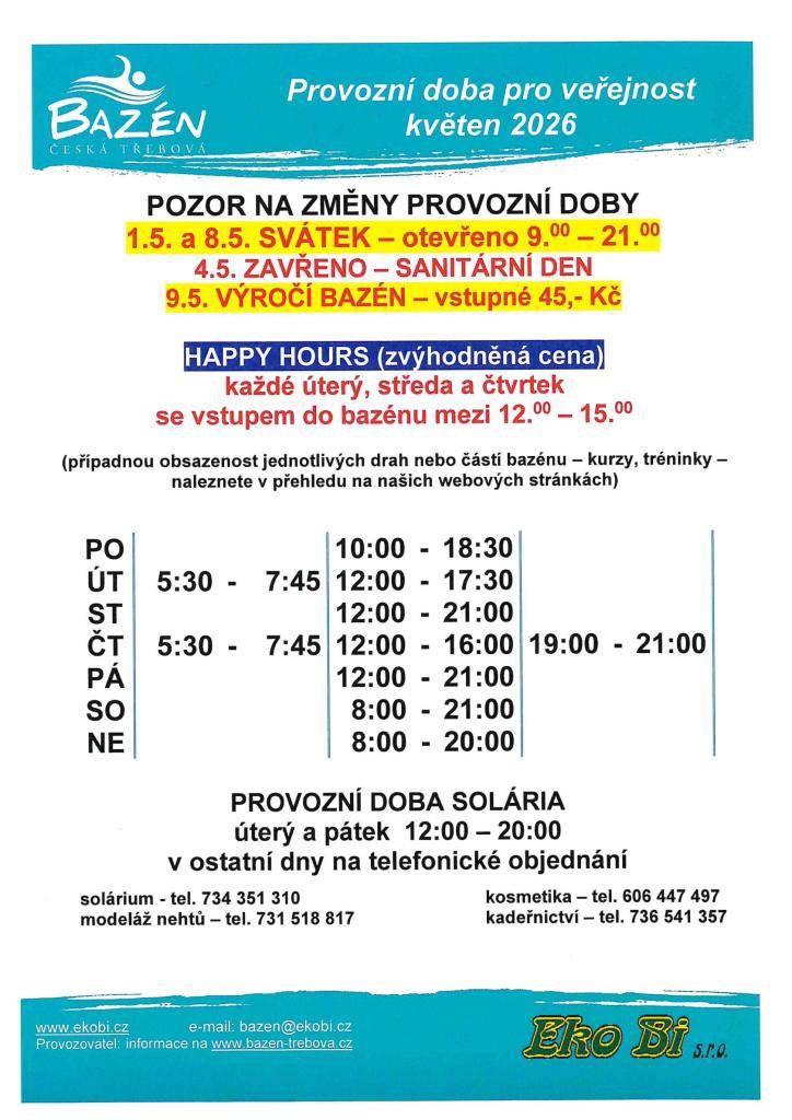 Provozní doba pro veřejnost   Květen 2026