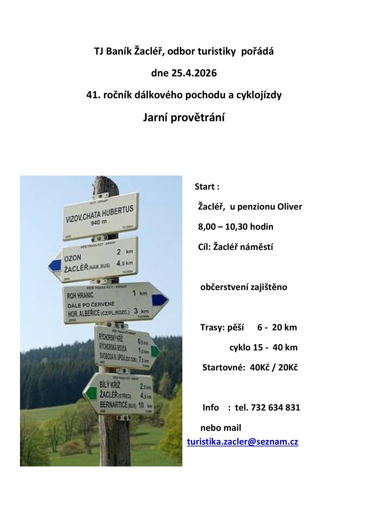 Přijměte pozvání od odboru turistiky TJ Baník Žacléř na dálkový pochod a cyklojízdu Jarní provětrání dne 25.4.2026.