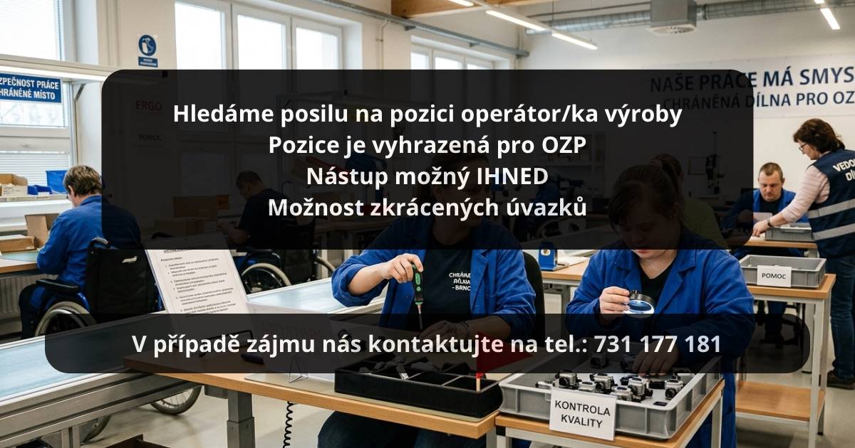 Volné místo na pracovní pozici - operátor výroby, vhodnou pro osoby se zdravotním postižením (OZP) nebo osoby zdravotně znevýhodněné (OZZ).   Pracovní místo pro výkon práce je určeno ve Valašském Meziříčí.