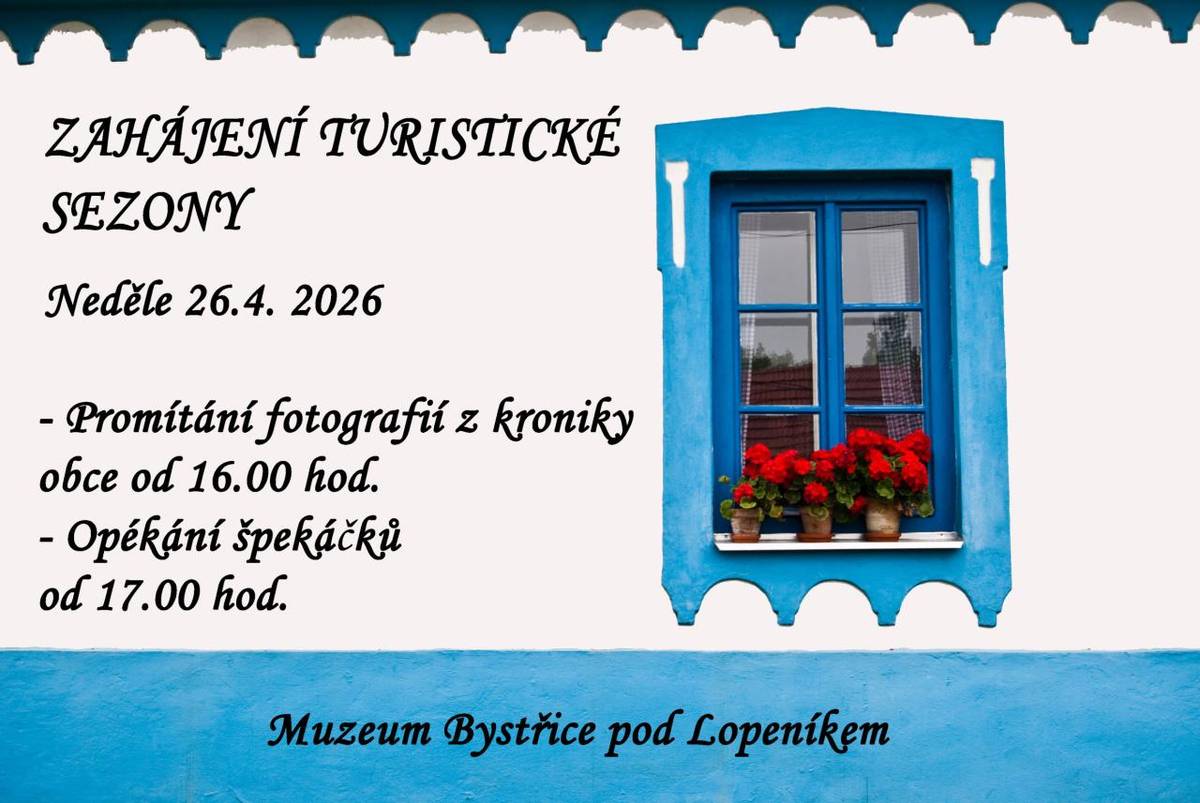 Muzeum pořádá zahájení turistické sezóny v neděli 26. dubna od 16 hodin spojené s promítáním fotografií z minulých let. Součástí programu bude také společné opékání špekáčků pro návštěvníky od 17 hodin. Akce nabídne příjemné setkání a přátelskou atmosféru na úvod nové sezóny.