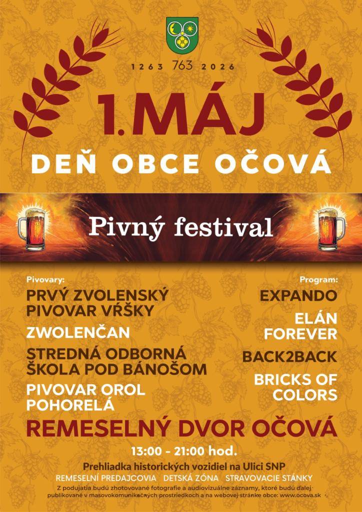 Obec Očová Vás srdečne pozýva na podujatie obce "Dni obce a pivný festival" spojený s návštevou historických vozidiel a zaujímavých hudobných kapiel, ktorý sa bude konať v Očovej dňa 01.05.2026.