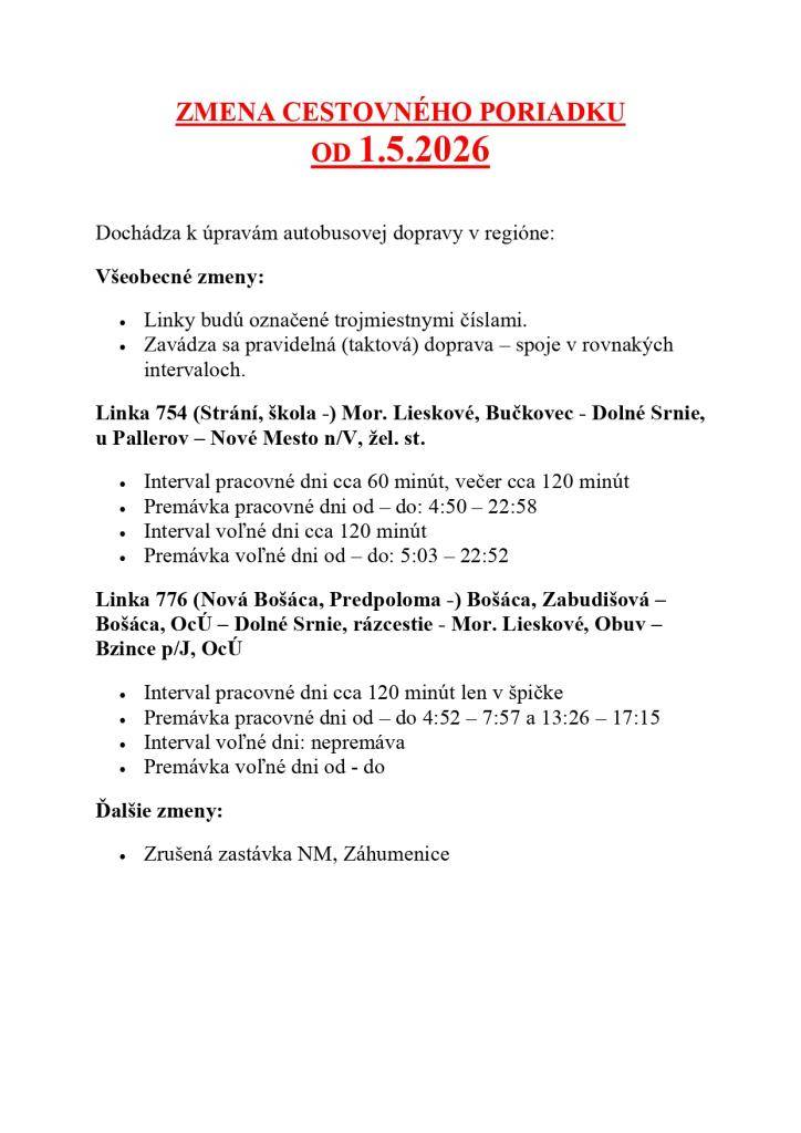 Zmena cestovného poriadku od 1.5.2026