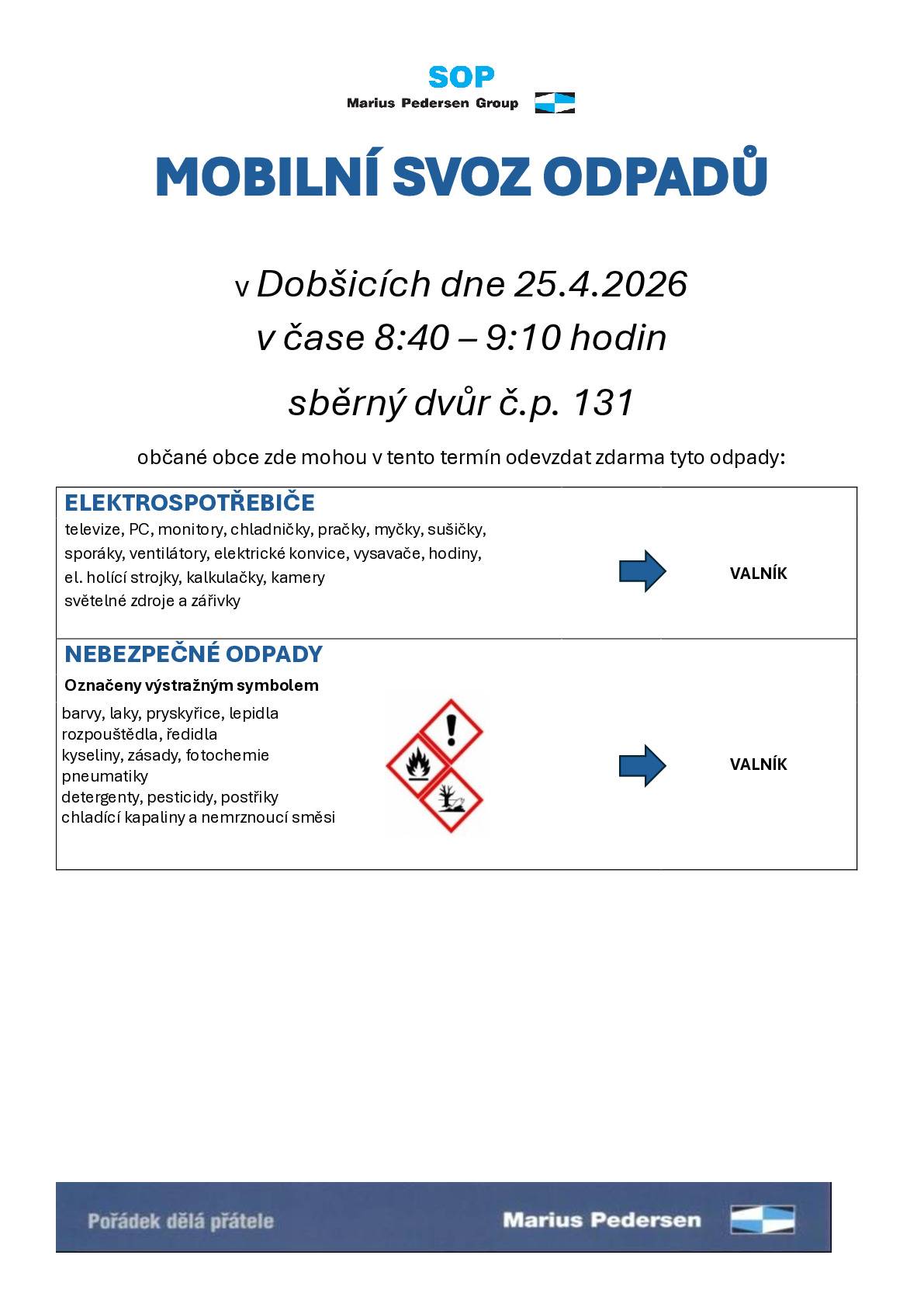 Mobilní svoz nebezpečných odpadů v Dobšicích proběhne v sobotu 25.4.2026 v čase 8:40 – 9:10 hodin u sběrného dvora.