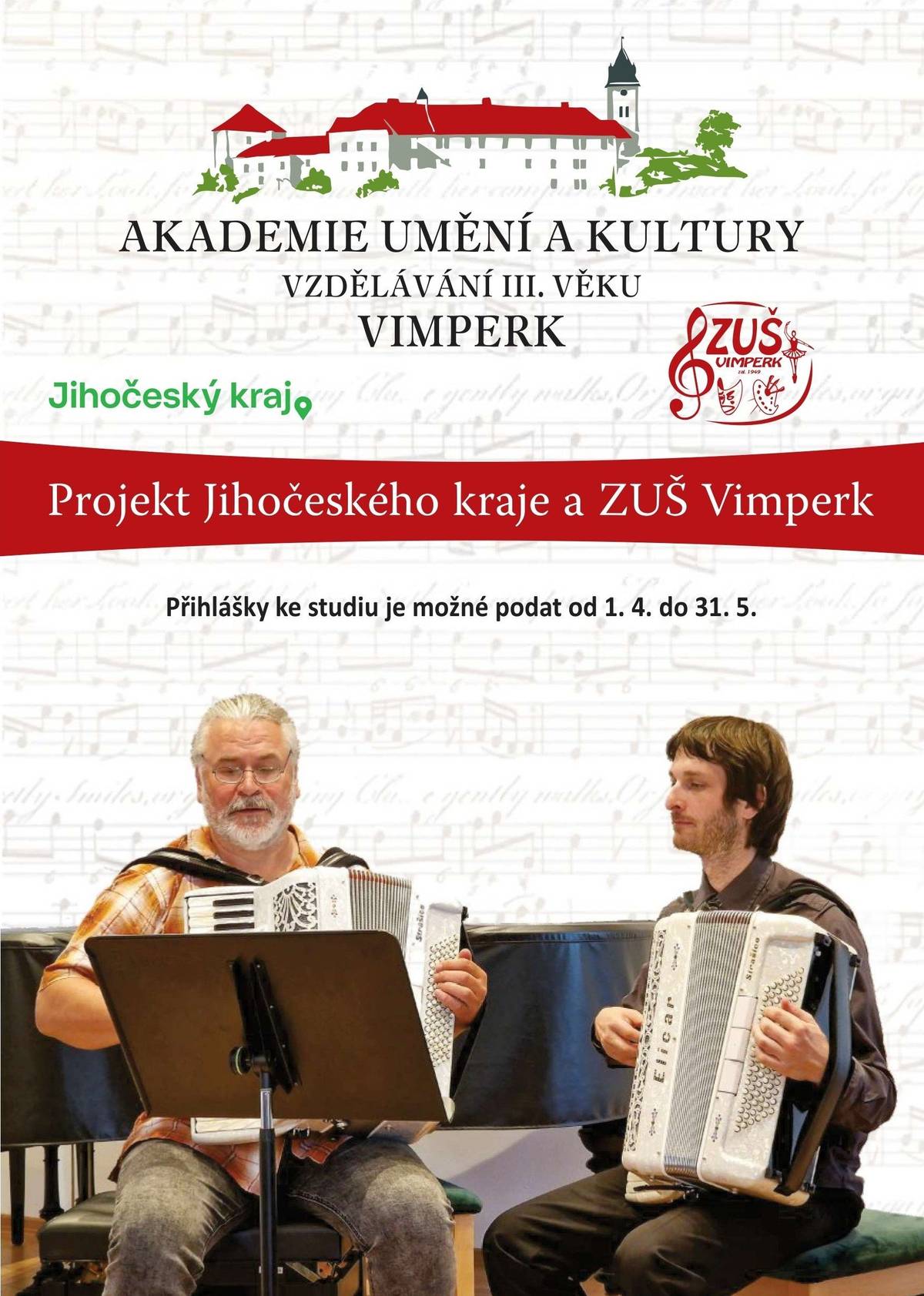 Do 31. května 2026 se mohou dospělí nad 55 let hlásit ke studiu na Akademii umění a kultury III. věku v období 2026-2028, které zajišťuje ZUŠ Vimperk. Akademie nabízí hudební vzdělání ve zpěvu i řadě nástrojů, výtvarný obor i tvůrčí psaní. Podrobnosti na letáku, přihláška ke stažení v příloze (PDF).