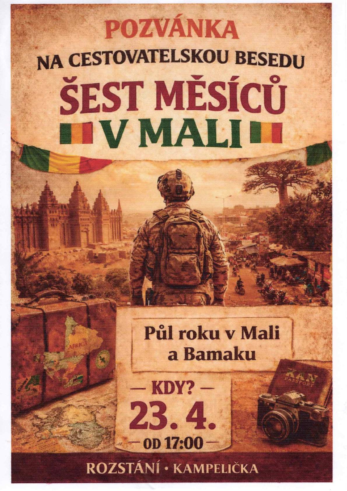 Sdružení rodáků a přátel kraje Karoliny Světlé vás zve na cestovatelskou besedu "Šest měsíců v Mali". Beseda se uskuteční ve čtvrtek 23. 04. 2026 od 17 hodin v