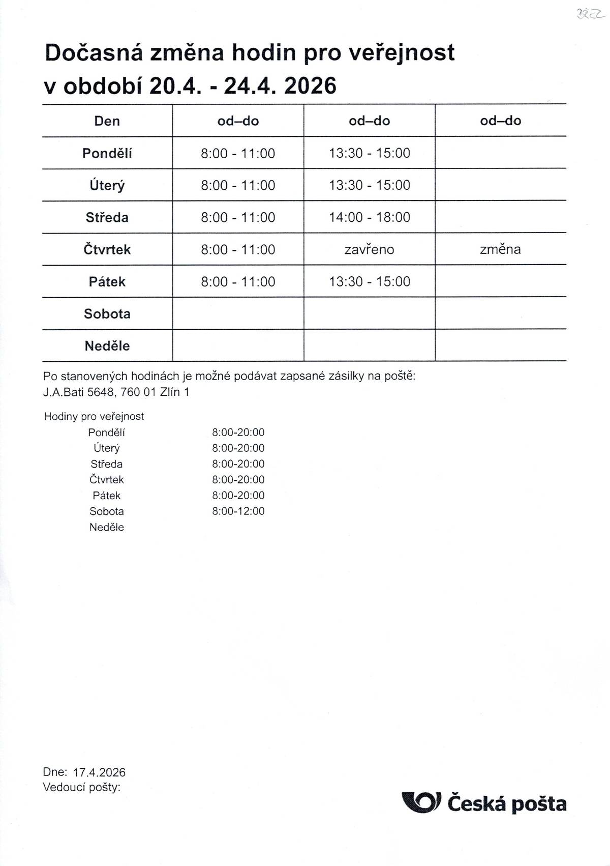 Dočasná změna hodin pro veřejnost ve čtvrtek 23. 4. 2026. V odpoledních hodinách pošta uzavřena.