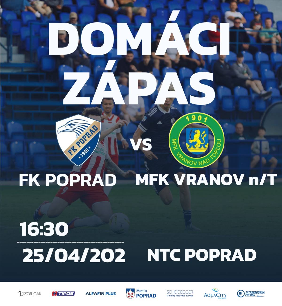 ⚽Popradskí futbalisti privítajú doma v rámci 21. kola futbalovej Tipos III. ligy Východ tím MFK Vranov nad Topľou. 👉Zápas sa odohrá v sobotu 25. apríla o 16.30 hod. na ihrisku Národného tréningového centra v Poprade. 👌Nebude chýbať maskot Pepe či polčasová súťaž, kde vyhráva každý. Prídete fandiť orlom? 🙏
