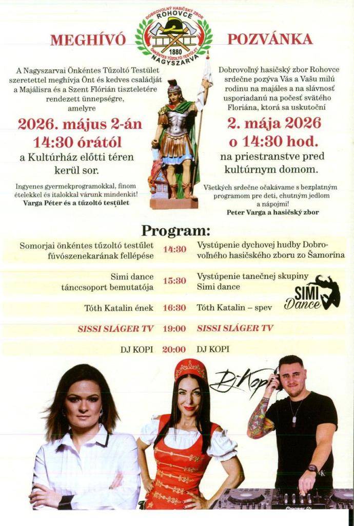 Majális  2026.május 2-án  Nagyszarva  14,30 órától