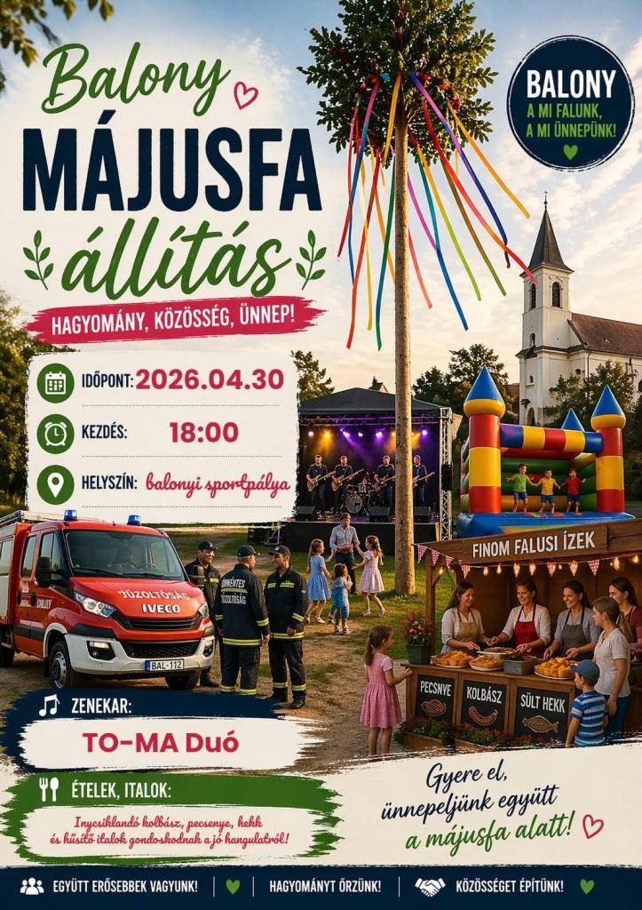 Dňa 30. apríla 2026 o 18,00 hod. na futbalovom ihrisku    Időpont: 2026. április 30., 18,00 óra  Helyszín: balonyi sportpálya