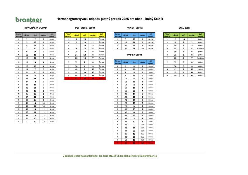Harmonogram vývozu odpadu platný pre rok 2025 pre obec - Dolný Kalník
