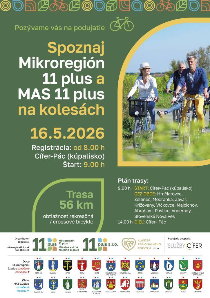 Pozývame vás na podujatie "Spoznaj mikroregioón 11 plus a MAS 11 plus na kolesách   16.5.2026  Registrácia: od 8:00 hod - kúpalisko Pác