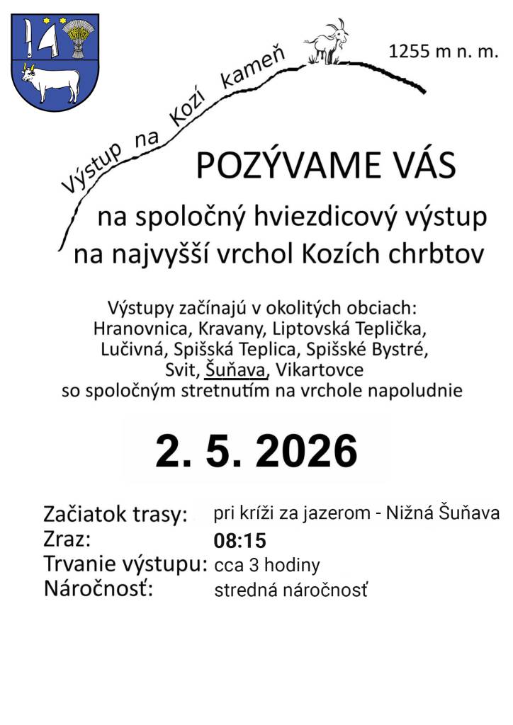 Pozývame všetkých občanov a priaznivcov turistiky na spoločný výstup na Kozí kameň. Výstup sa uskutoční v sobotu 2. mája od 8:15, kedy sa stretávame pri kríži na lúke za jazerom.