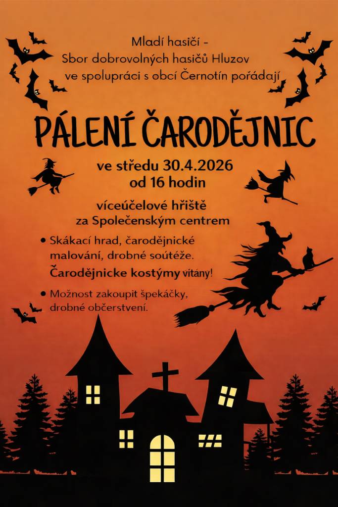 Přijďte oslavit tradiční pálení čarodějnic na umělku v Černotíně. Akce se koná ve čtvrtek 30. dubna 2026 od 16:00 a je organizována SDH Hluzov. Těšit se můžete na drobné soutěže pro děti, skákací hrad a přátelskou atmosféru. Oppékání špekáčků, drobné občerstvení.