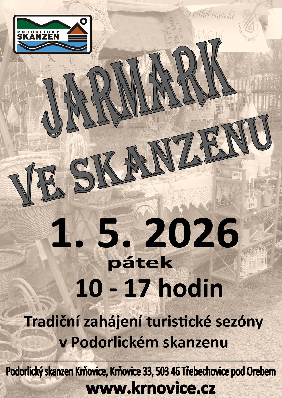 V pátek 1. května od 10 do 17 hodin bude ve skanzenu v Krňovicích probíhat tradiční jarmark. Kromě stánků s řemeslnými výrobky se můžete těšit na vystoupení folklórních souborů a jako vždy budeme péct chleba. Těšíme se na vaši návštěvu