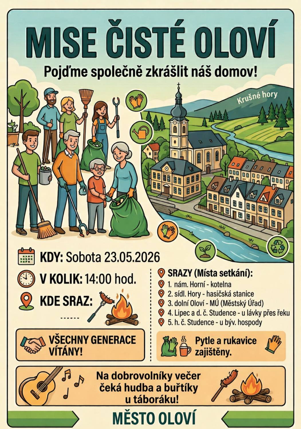 Město Oloví zve všechny dobrovolníky na úklidovou akci po našem městě. Na dobrovolníky po akci čeká posezení ve dvoře městského úřadu, opékaní buřtů a hudební doprovod. Děkujeme, že Vám na našem městě záleží.