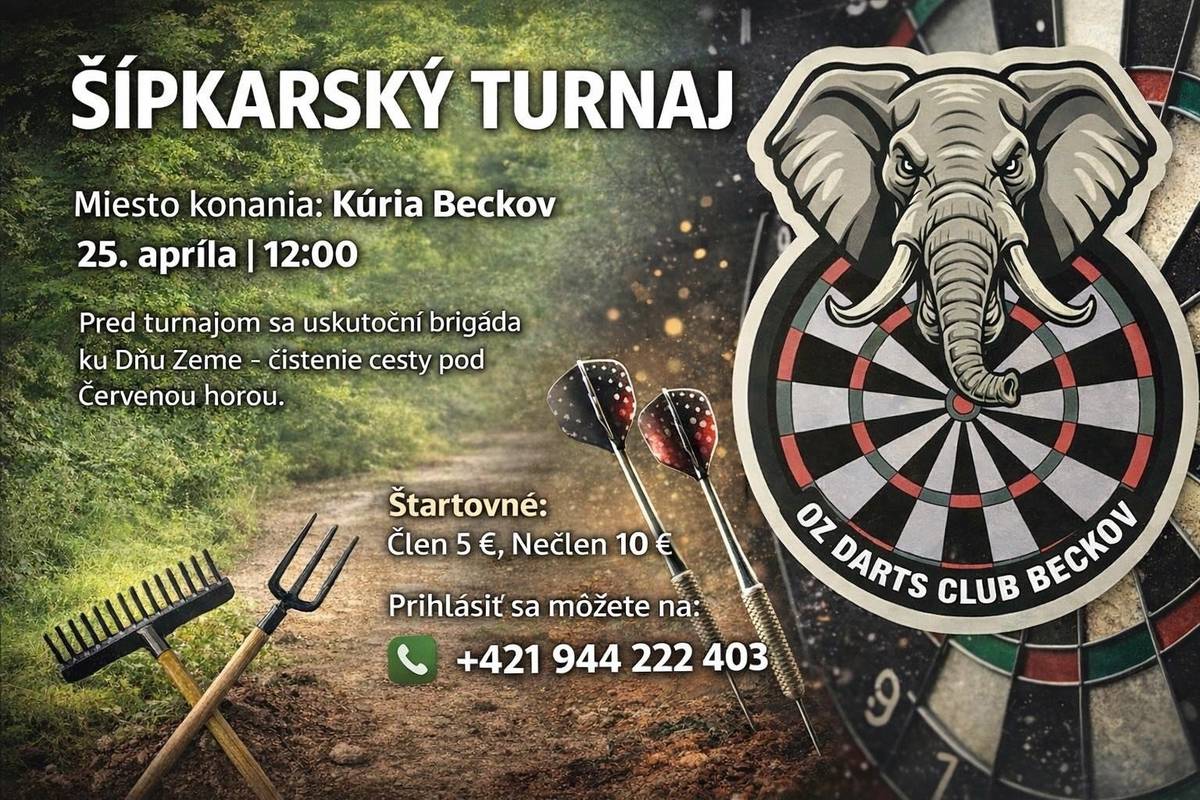 Občianske združenie Dartz Club Beckov pozýva záujemcov v sobotu 25.apríla 2026 od 12.00 hod. do Kúrie Beckov na šípkarsky turnaj. Pred turnajom sa uskutoční brigáda na čistení krajnice pri ceste II/507 v smere do Trenčína (pod Červenou horou), stretnutie účastníkov o 7.30 hod. na mieste konania brigády.
