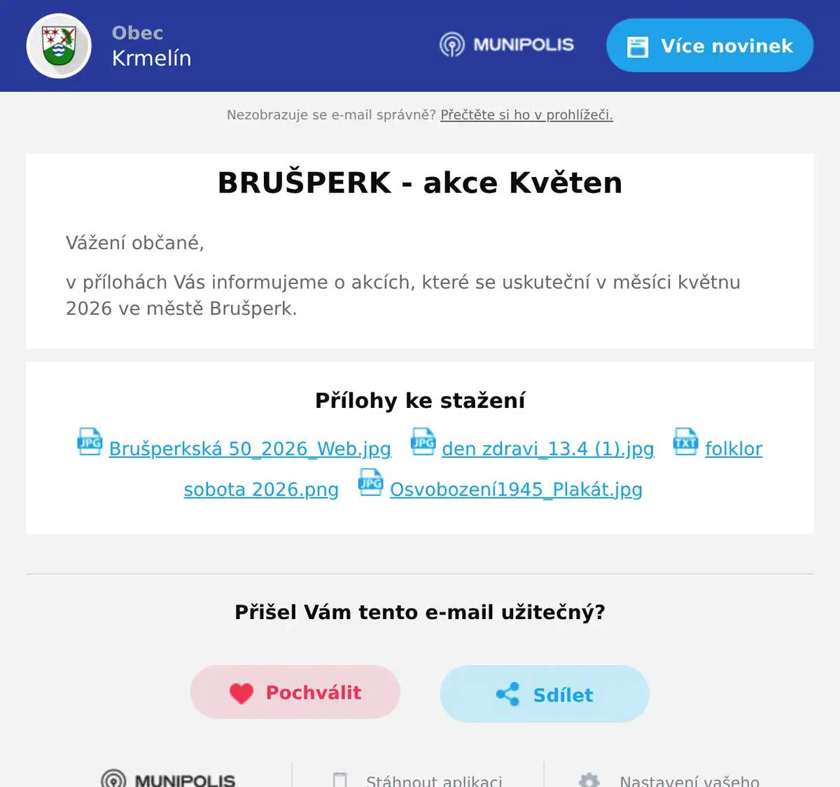 Vážení občané, v přílohách Vás informujeme o akcích, které se uskuteční v měsíci květnu 2026 ve městě Brušperk.