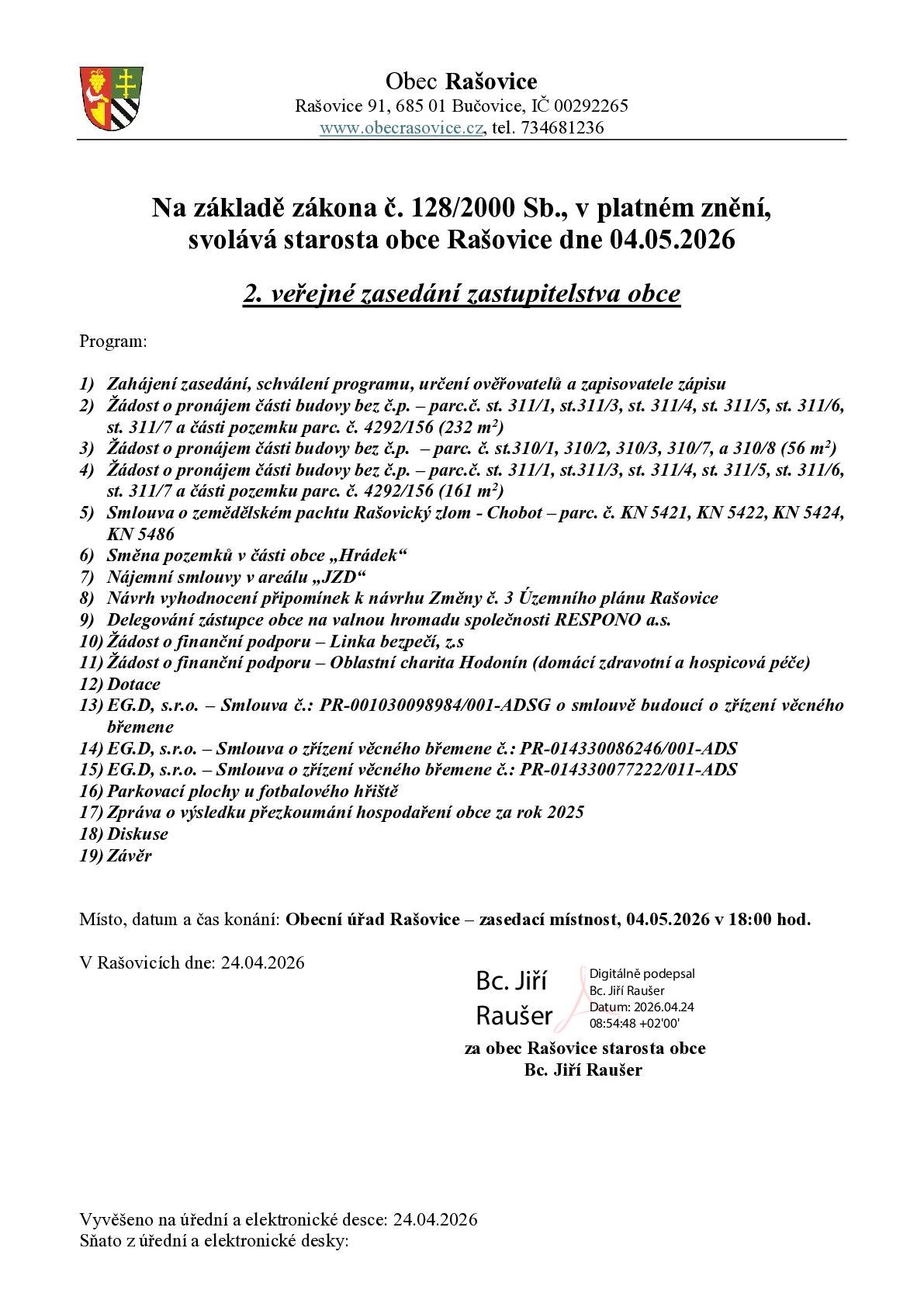 Zveme všechny občany na veřejné zasedání Zastupitelstva obce Rašovice.
