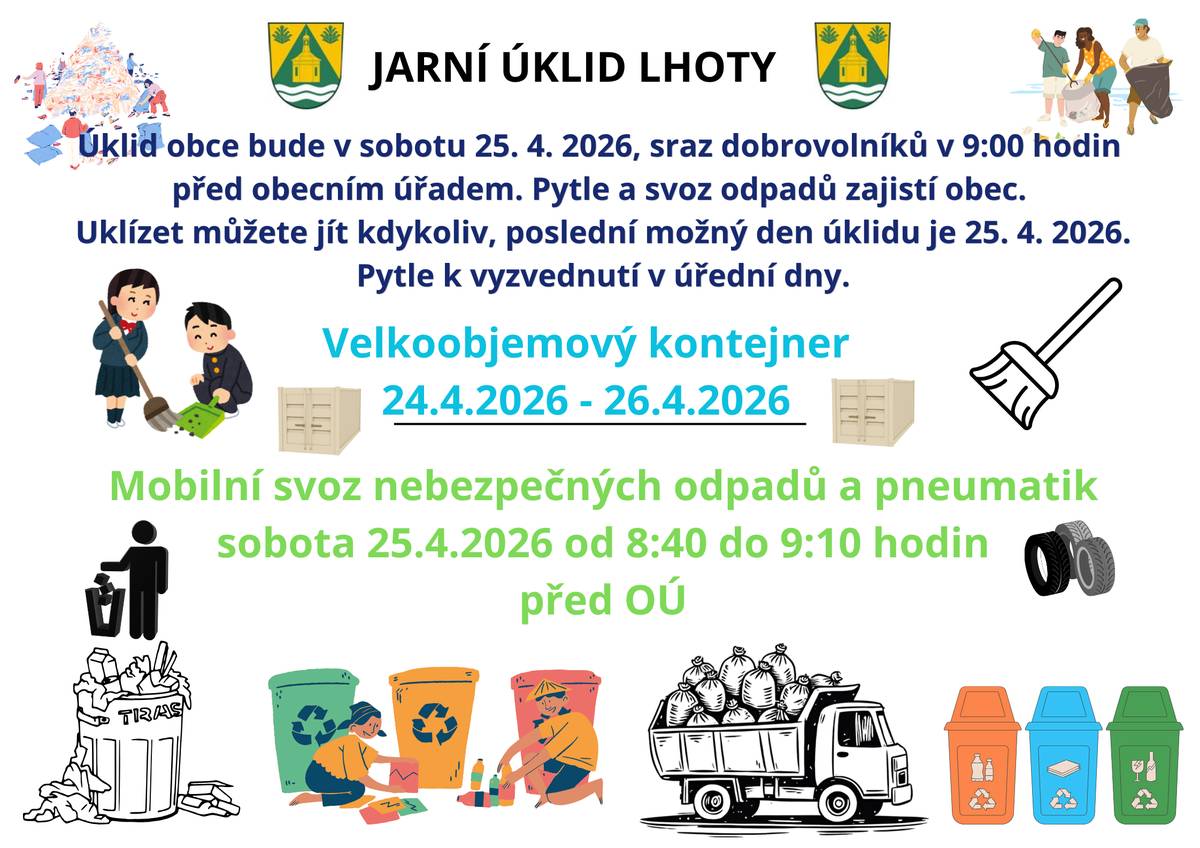 Oznamujeme, že u pomníku byly přistaveny kontejnery na velkoojemový odpad.  Zítra 25. 4. 2026 od 8:40 do 9:10 proběhne mobilní svoz nebezpečných odpadů, před OÚ.  Elektoroodpad lze odkládat do dvora obecního úřadu celoročně.  Prosíme všechny občany, aby udržovali pořádek kolem kontejnerů dnes i po celý rok. Kolem všech kontejnerů na tříděné odpady. Buďte ohleduplní k okolí. Děkujeme!