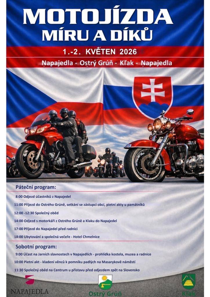 Ve dnech 1.–2. května 2026 se uskuteční tradiční Motojízda míru a díků