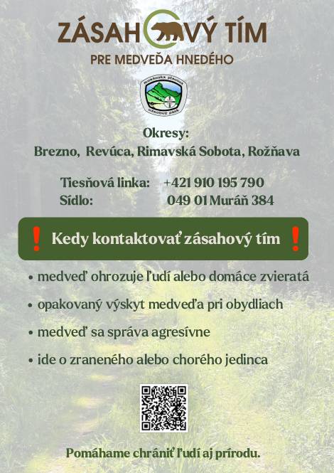 Zásahový tím pre medveďa hnedého v Muráni upozorňuje občanov okresu Brezno, Revúca, Rožňava a Rimavská Sobota na zvýšený výskyt medveďa hnedého.