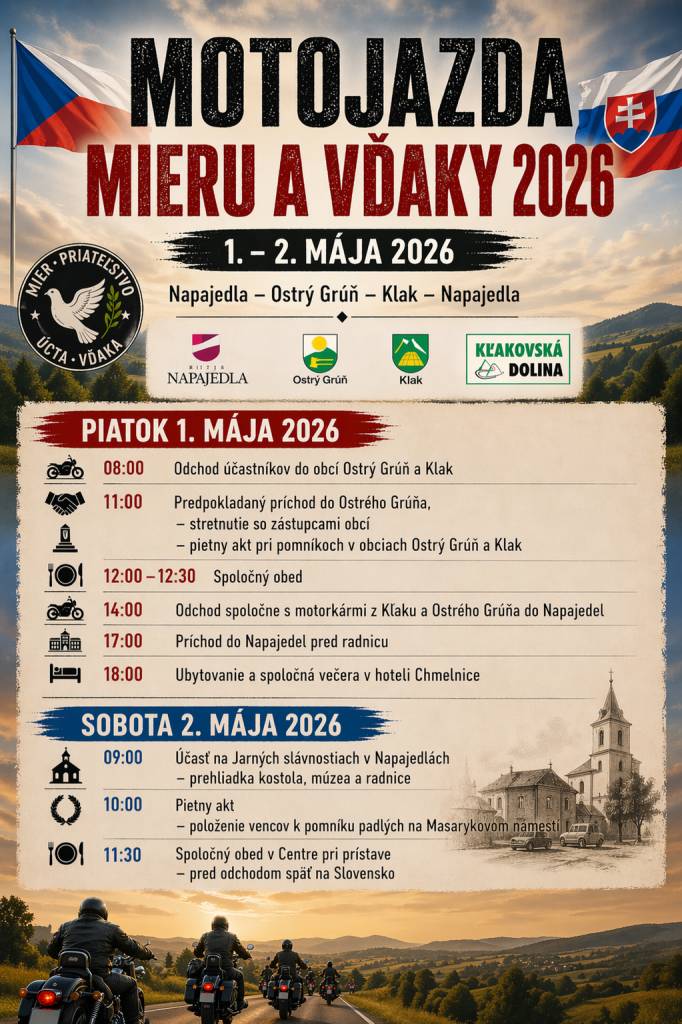 Pridaj sa k nám na spoločnú jazdu, ktorá spája vášeň pre motorky s úctou k histórii a vďakou za slobodu a pomoc. Jazda je venovaná pamiatke obetí a všetkým, ktorí bojovali za mier a slobodu.   Podrobné informácie na plagáte.
