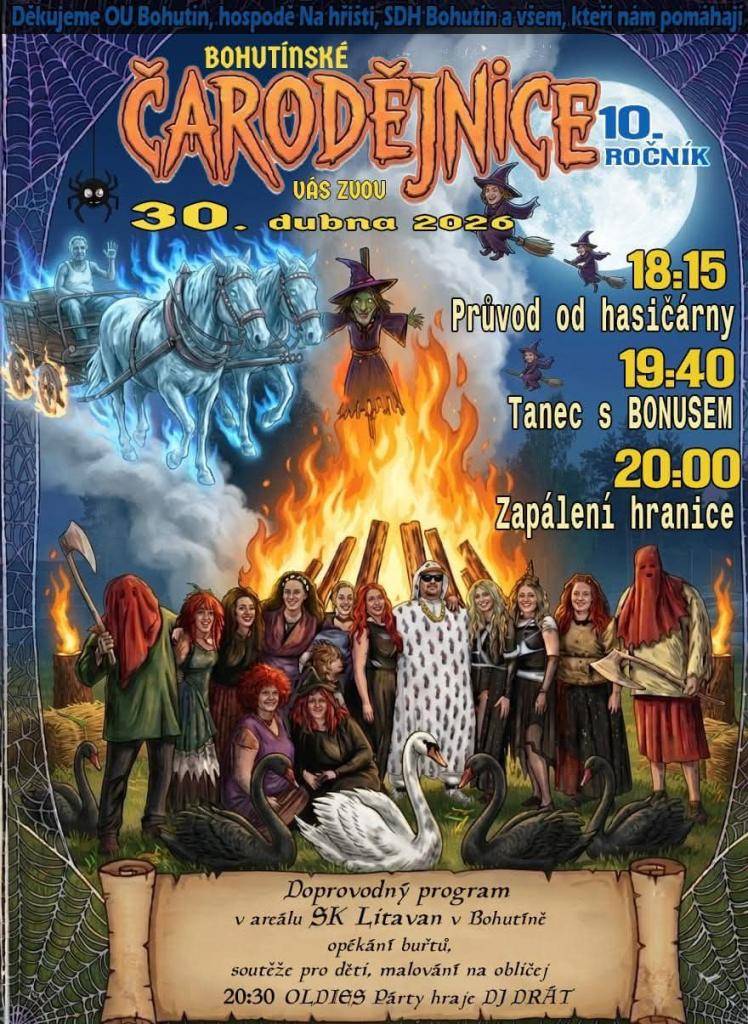 V Bohutíně, ve Vysoké Peci i na Řimbabě budou létat čarodějnice, budou i doprovodné programy a něco dobrého k jídlu. Všude budou zapáleny vatry. Projděte si všemi místy, neboť na každém bude něco výjimečného.
