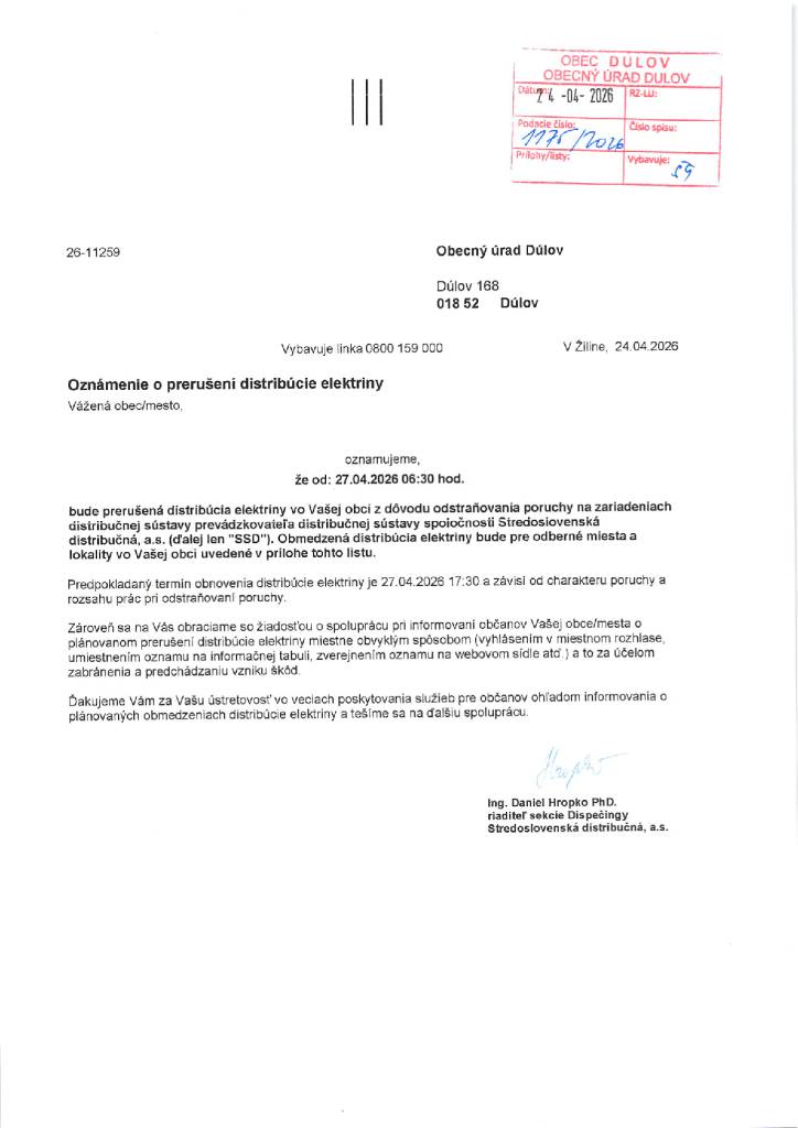 SSD oznamuje prerušenie distribúcie elektrickej energie v časti obce od s.č. 192 po s.č. 208 vrátane 186, 289, 289, 305, 315, 401, 407 v pondelok 27.4.2026 od 6.30 hod.