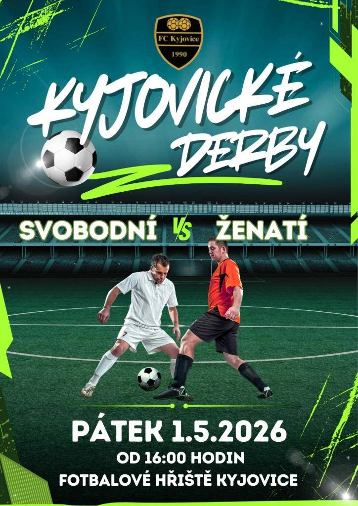FC Kyjovice vás zve na tradiční Kyjovické derby, kde se utkají Svobodní proti Ženatým, a to v pátek 1. 5. 2026 od 16:00 hodin na fotbalovém hřišti v Kyjovicích. Přijďte podpořit své favority a užít si skvělou sportovní atmosféru. Těšíme se na vás.