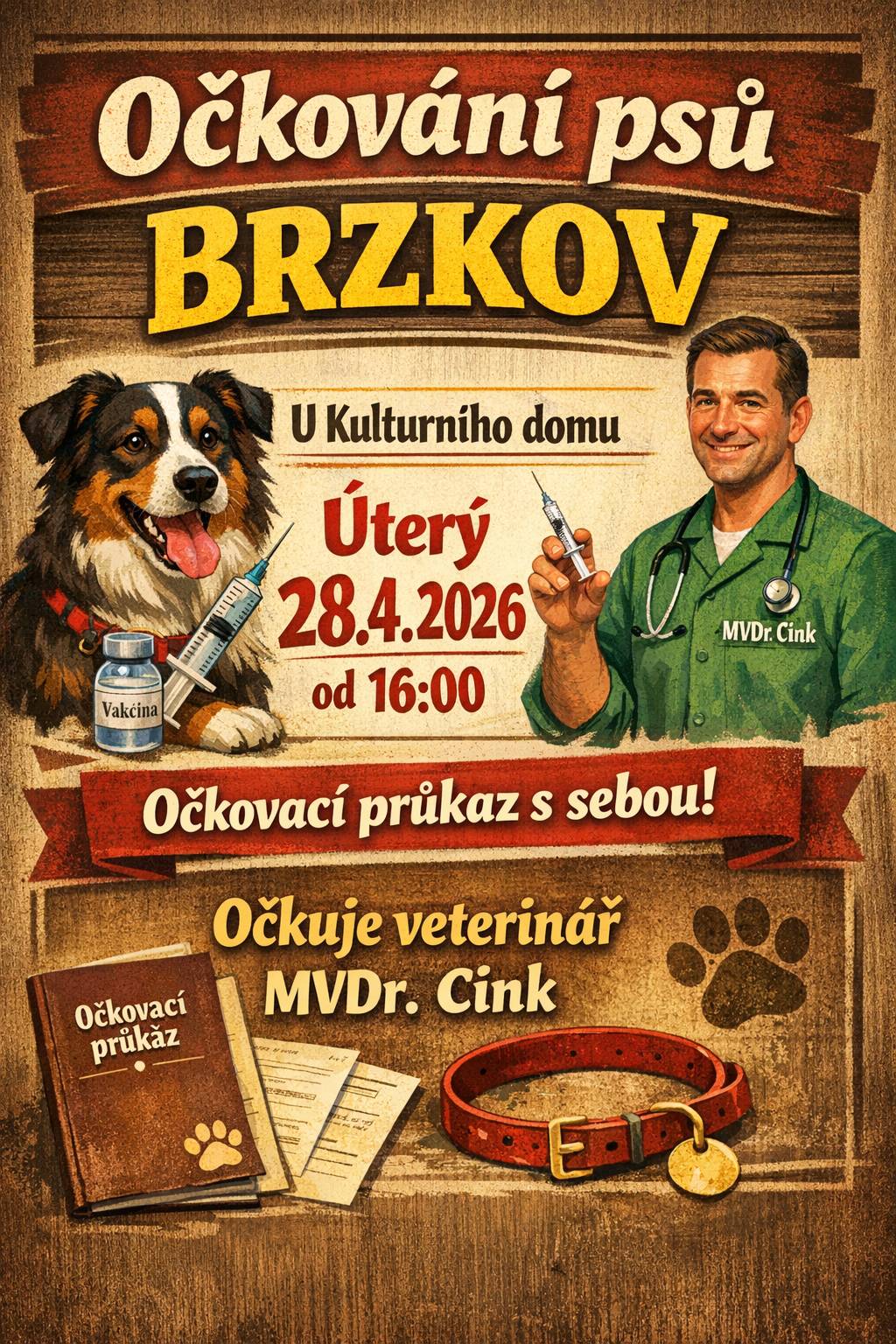 V úterý 28. 4. 2026 od 16:00 proběhne u Kulturního domu v Brzkově pravidelné očkování psů. Očkuje veterinář MVDr. Cink S sebou vezměte očkovací průkaz Cena 150 Kč Doporučujeme mít psa na vodítku a s náhubkem (dle povahy) Těšíme se na vás.