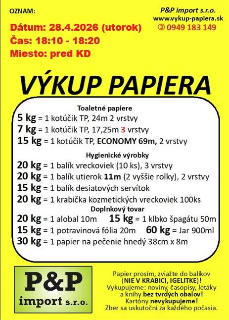 V utorok 28. apríla 2026 sa uskutoční  výkup papiera výmenou za hygienické výrobky.