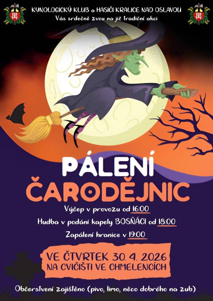 Pálení čarodějnic ve čtvrtek 30.4.2026 od 16.00 hodi