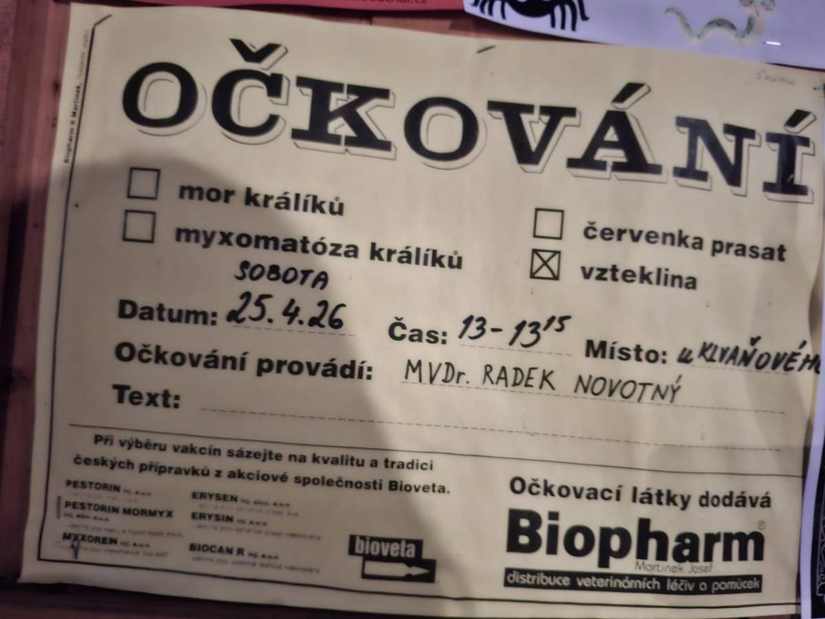 Očkování psů proti vzteklině se v Paršovicích proběhne v sobotu 25. dubna 2026. Provádí MVDr. Radek Novotný v čase od 13:00 do 13:15 hodin. Místo konání je na adrese Č.p. 20. Vyzýváme majitele psů, aby se zúčastnili a zajistili tak ochranu pro své mazlíčky.