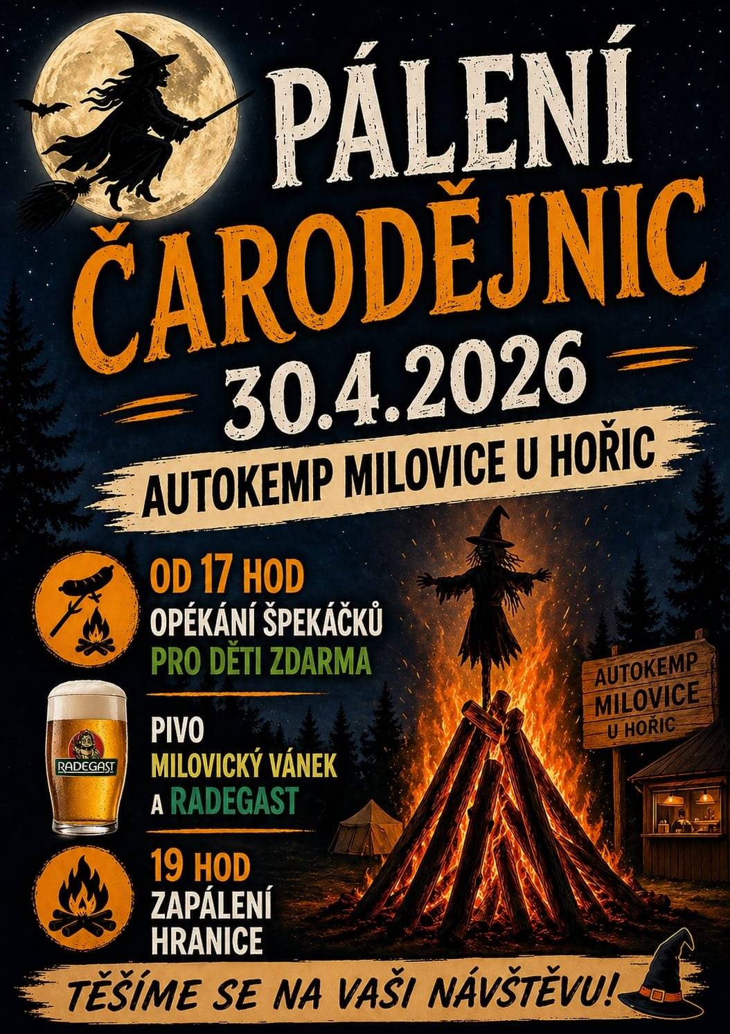 Ve čtvrtek 30.4. se budou v areálu kempu pálit čarodějnice 🔥🔥🕸️🐈⬛ Přijďte se pobavit před dlouhým víkendem 🍺☕🥤